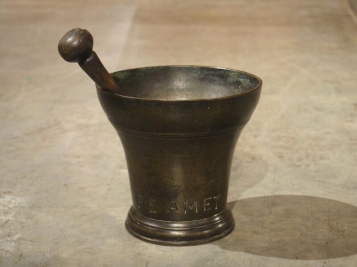 18th century bell shaped french bronze mortar with pestle inscribed pe amet 2795