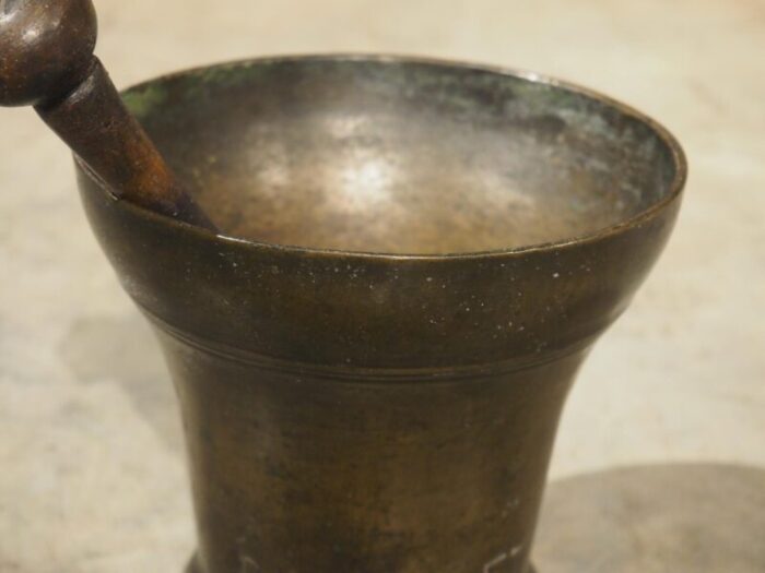 18th century bell shaped french bronze mortar with pestle inscribed pe amet 2808