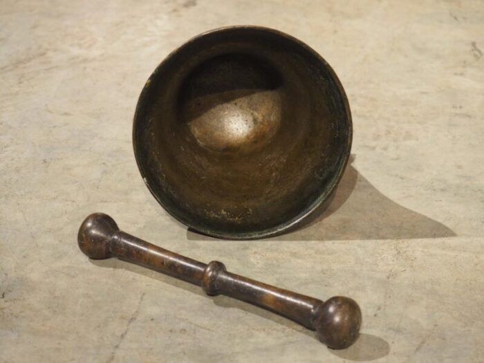 18th century bell shaped french bronze mortar with pestle inscribed pe amet 2870