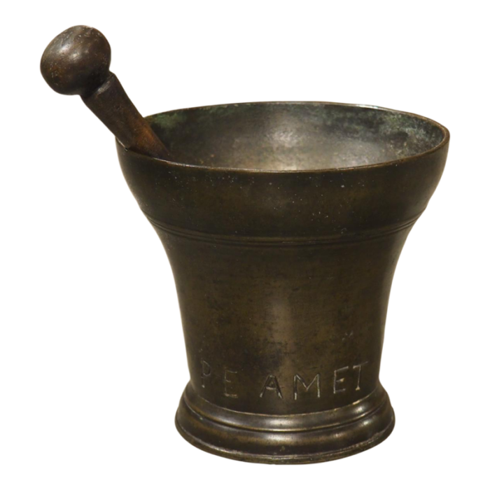 18th century bell shaped french bronze mortar with pestle inscribed pe amet 8118