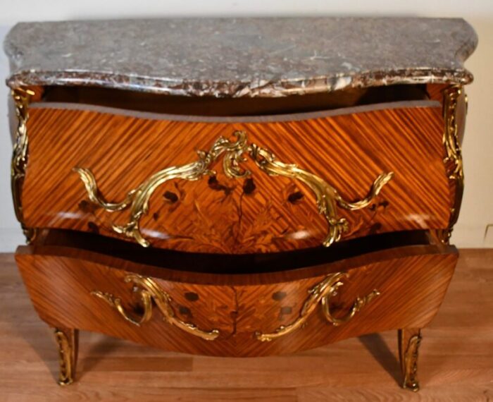 1910 antique french louis xv satinwood inlaid and marble top commode dresser 0643