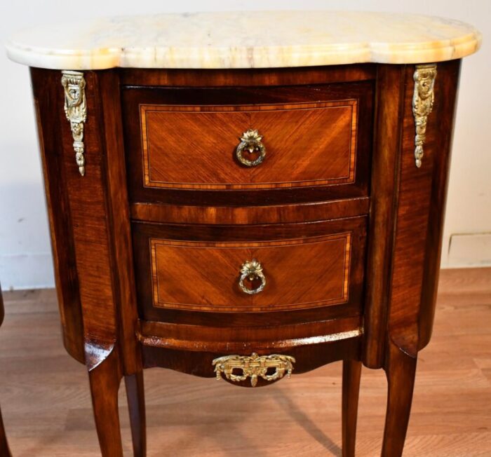 1910 pair of antique french louis xv walnut and satinwood marble top nightstands bedside tables 1141