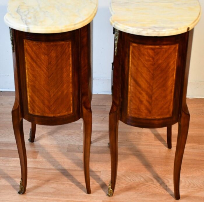 1910 pair of antique french louis xv walnut and satinwood marble top nightstands bedside tables 1296