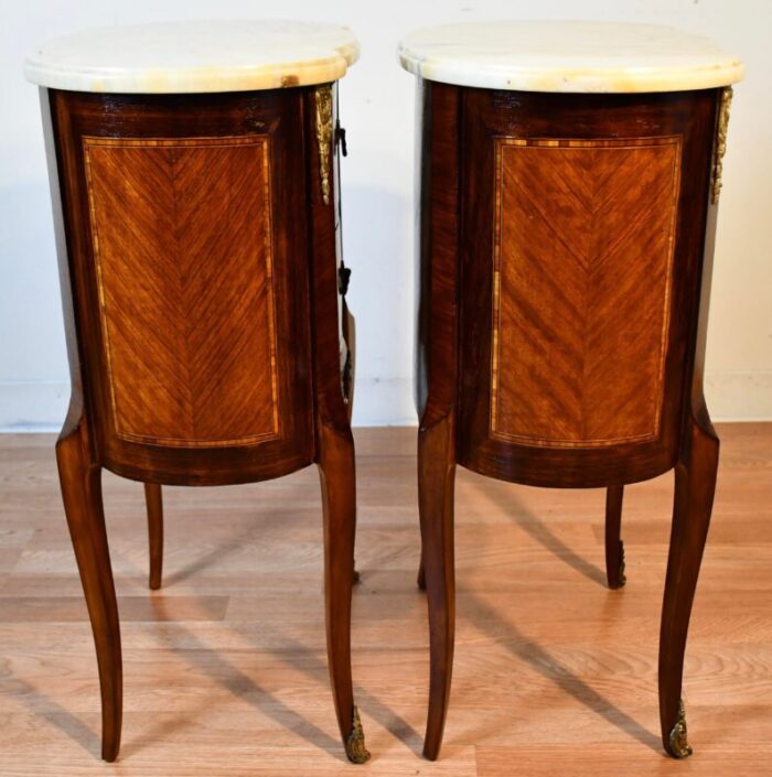 1910 pair of antique french louis xv walnut and satinwood marble top nightstands bedside tables 4673