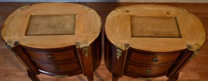 1910 pair of antique french louis xv walnut and satinwood marble top nightstands bedside tables 4793