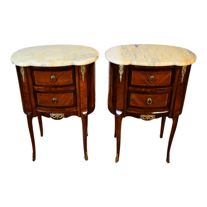 1910 pair of antique french louis xv walnut and satinwood marble top nightstands bedside tables 7432