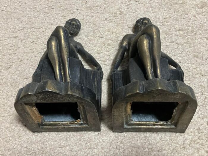 1920s nuart nude art deco flapper girl spelter metal bookends pair 1232