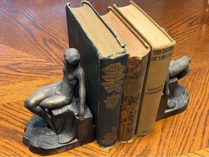 1920s nuart nude art deco flapper girl spelter metal bookends pair 6128