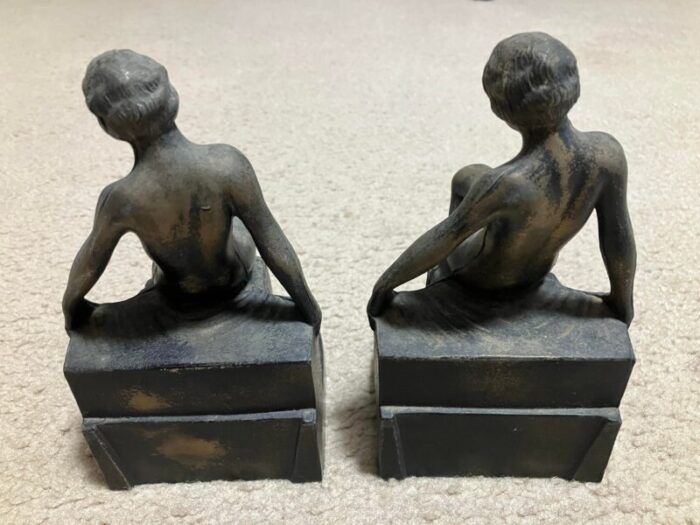 1920s nuart nude art deco flapper girl spelter metal bookends pair 6900