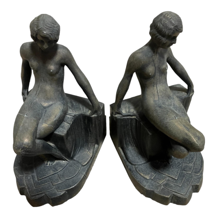 1920s nuart nude art deco flapper girl spelter metal bookends pair 8072