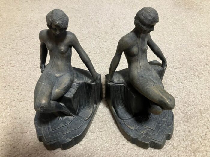 1920s nuart nude art deco flapper girl spelter metal bookends pair 9421