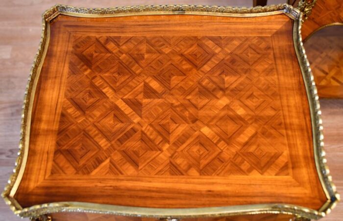 1930 french louis xv satinwood marquetry inlay pair of side tables end tables 0705