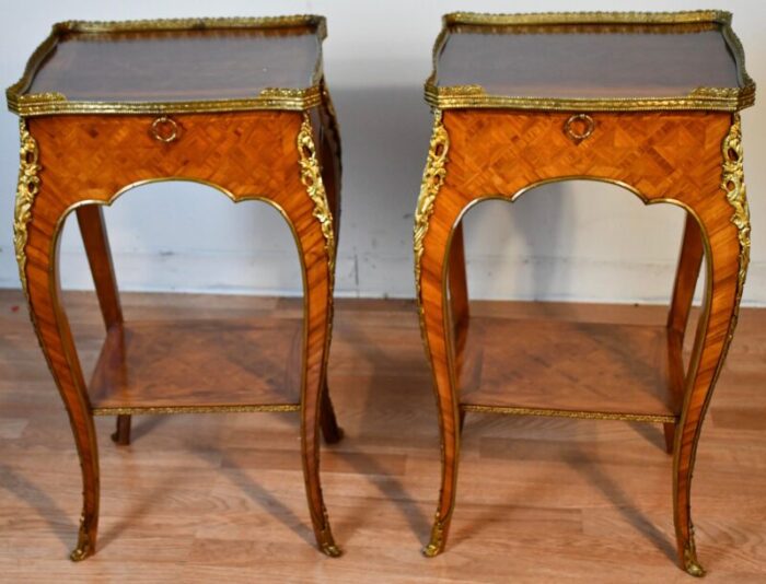 1930 french louis xv satinwood marquetry inlay pair of side tables end tables 1192