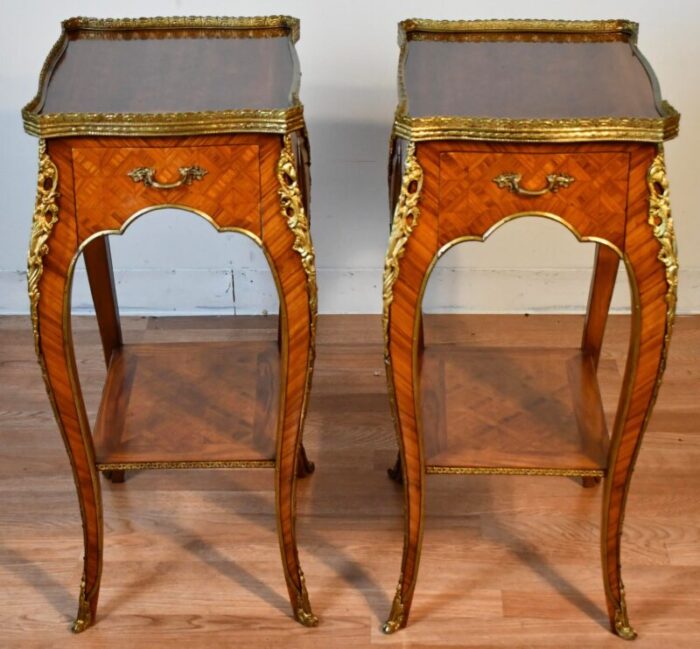 1930 french louis xv satinwood marquetry inlay pair of side tables end tables 2361