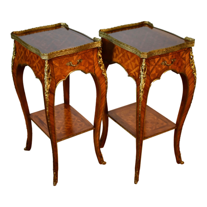 1930 french louis xv satinwood marquetry inlay pair of side tables end tables 4631