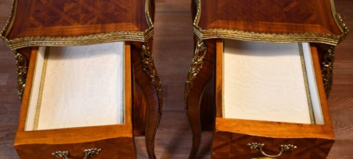 1930 french louis xv satinwood marquetry inlay pair of side tables end tables 4721