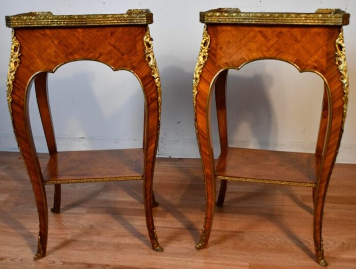 1930 french louis xv satinwood marquetry inlay pair of side tables end tables 6216