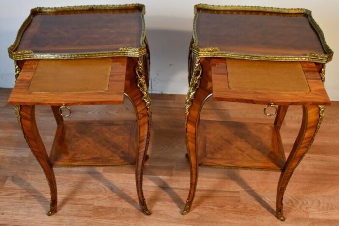 1930 french louis xv satinwood marquetry inlay pair of side tables end tables 7545