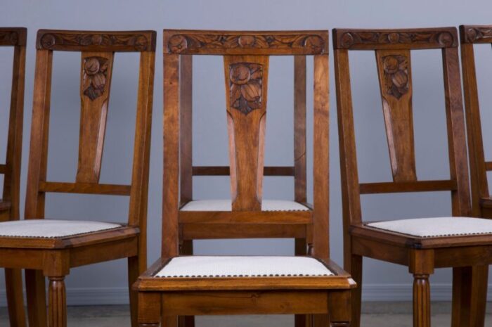 1930s french art deco walnut dining chairs w off white chenille set of 6 0383