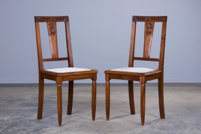 1930s french art deco walnut dining chairs w off white chenille set of 6 0566