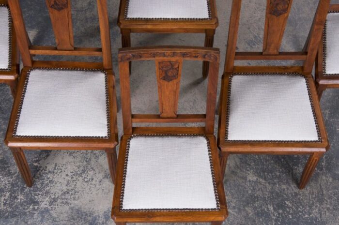 1930s french art deco walnut dining chairs w off white chenille set of 6 1000