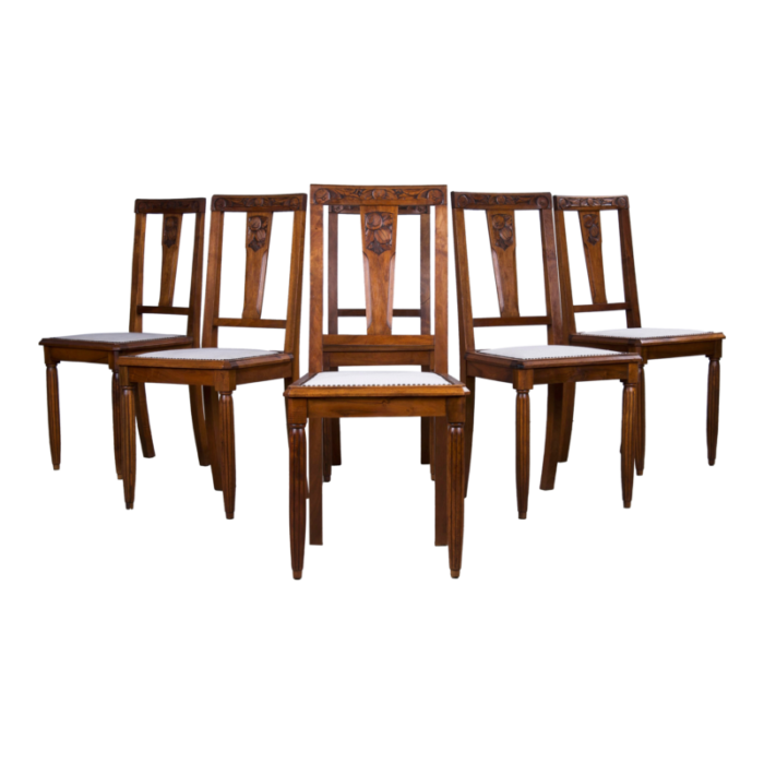 1930s french art deco walnut dining chairs w off white chenille set of 6 2113