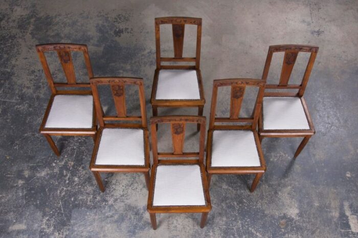 1930s french art deco walnut dining chairs w off white chenille set of 6 3366