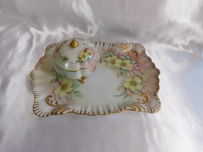 1930s hand painted and signed vanity tray and footed vanity jar 2 piece set 0230