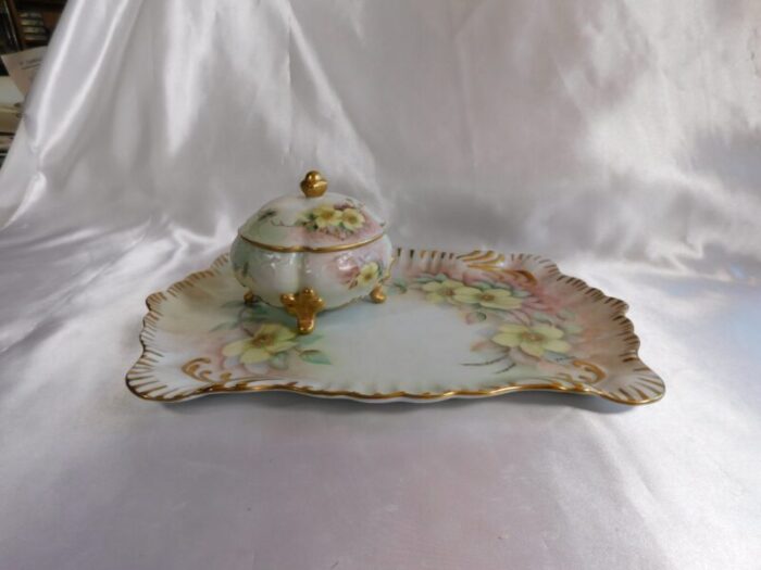 1930s hand painted and signed vanity tray and footed vanity jar 2 piece set 7089