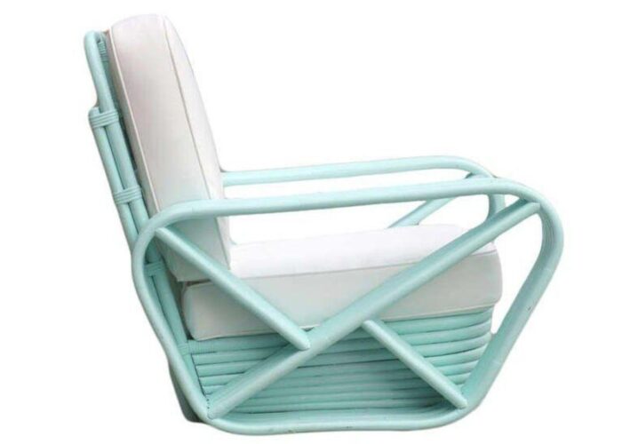 1930s restored pair of teal square pretzel stacked rattan lounge chairs in style of frankl 0986