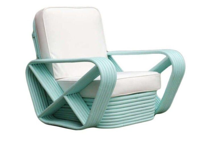 1930s restored pair of teal square pretzel stacked rattan lounge chairs in style of frankl 3647