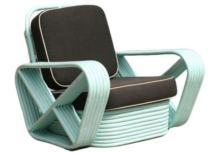 1930s restored pair of teal square pretzel stacked rattan lounge chairs in style of frankl 7363