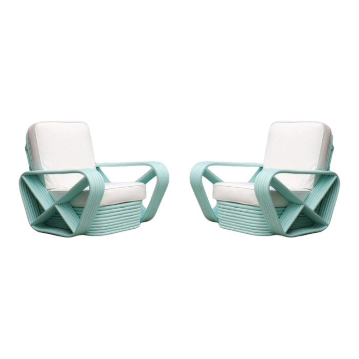 1930s restored pair of teal square pretzel stacked rattan lounge chairs in style of frankl 8760