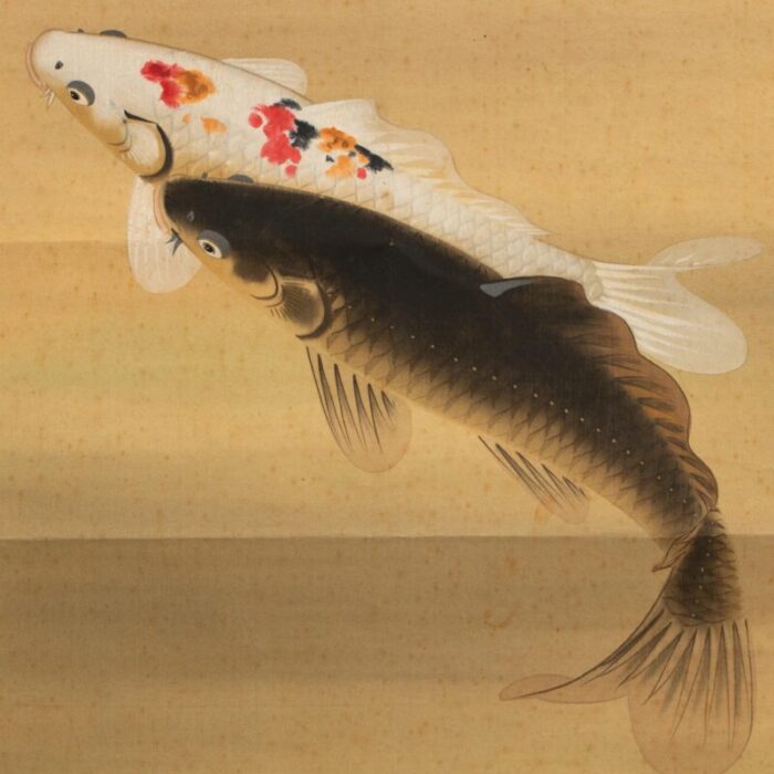 1930s showa era japanese watercolor painting on silk three carps 0110