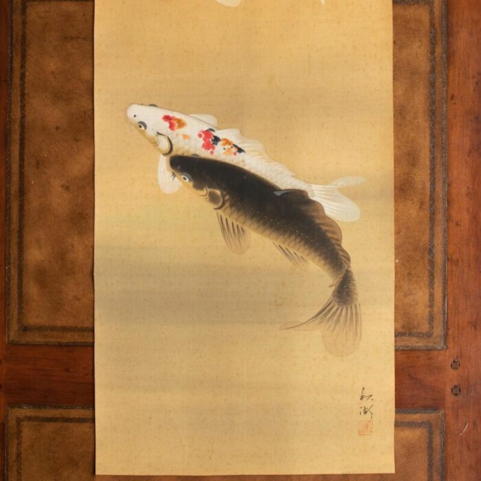 1930s showa era japanese watercolor painting on silk three carps 2029