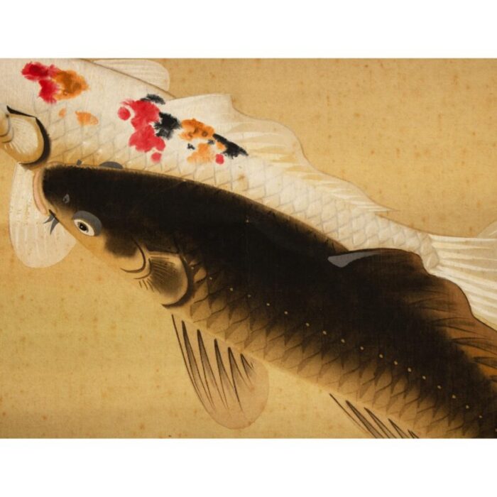 1930s showa era japanese watercolor painting on silk three carps 3081