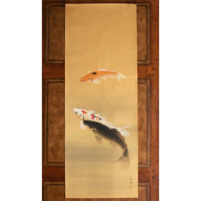 1930s showa era japanese watercolor painting on silk three carps 9750