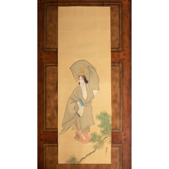 1930s showa era japanese watercolor painting on silk woman in kimono dancing 4156