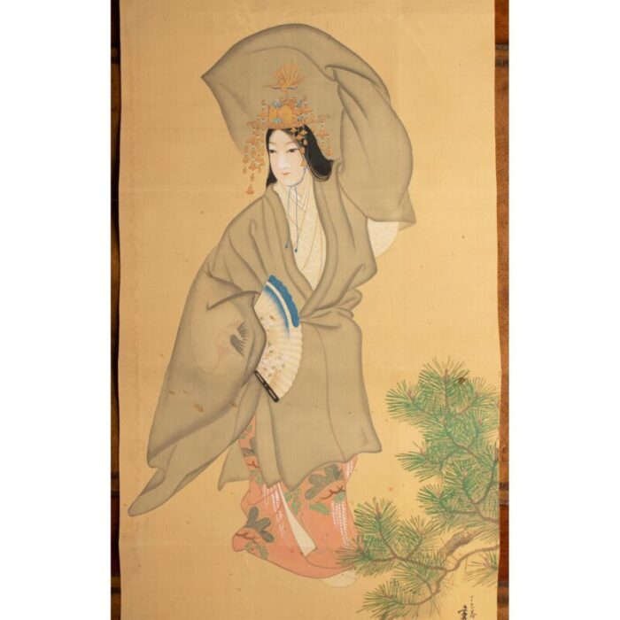 1930s showa era japanese watercolor painting on silk woman in kimono dancing 8747