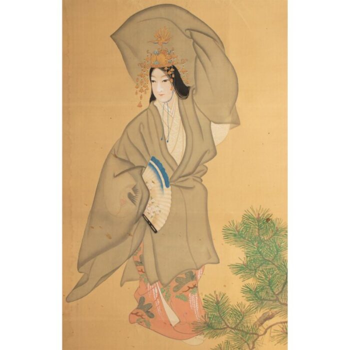 1930s showa era japanese watercolor painting on silk woman in kimono dancing 9533