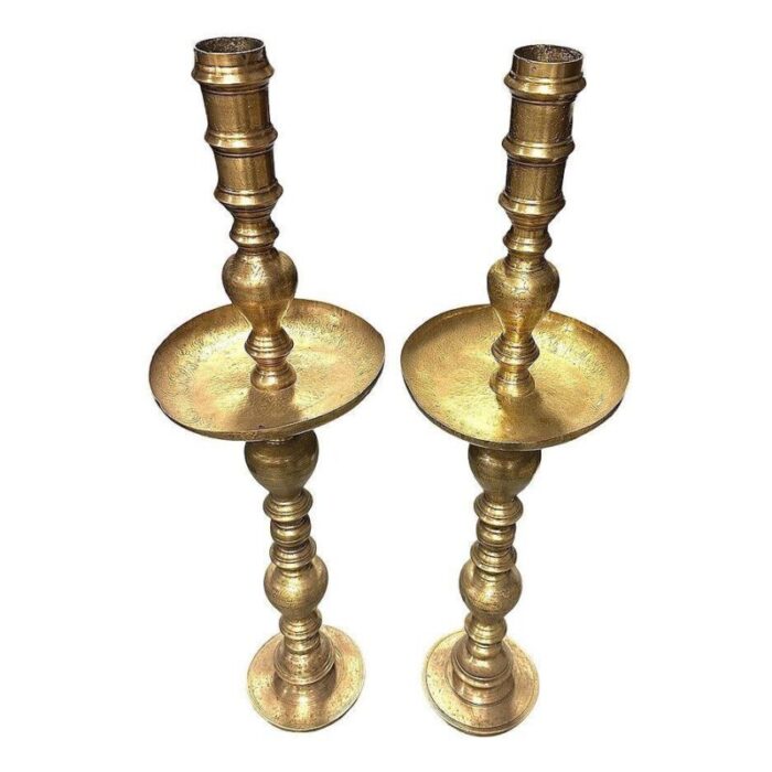 1940s hand etched brass moroccan floor candle holders pair 8313