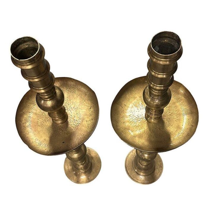 1940s hand etched brass moroccan floor candle holders pair 8973