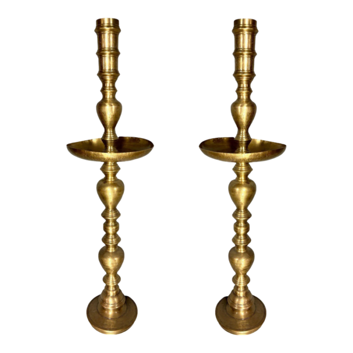 1940s hand etched brass moroccan floor candle holders pair 9741