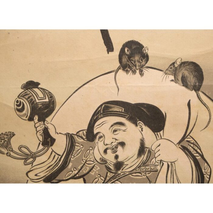 1940s showa era japanese monochrome print on paper lucky gods daikoku and ebisu 1586