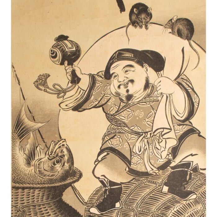 1940s showa era japanese monochrome print on paper lucky gods daikoku and ebisu 2159