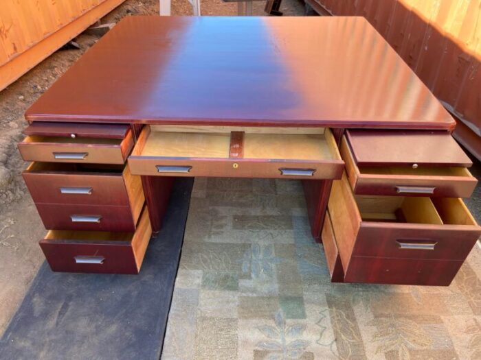 1940s vintage mid century modern art deco mahogany partners desk 0633