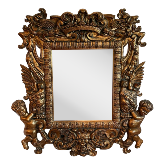 1950s detailed gold italian carved giltwood mirror with a kings crown 6617