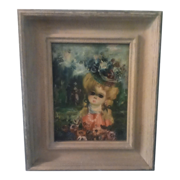 1950s jean calogero signed original oil painting young girl with big eyes framed 5830