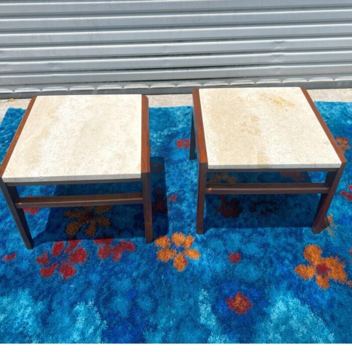 1950s jens risom attributed mid century modern travertine and walnut side tables 0652