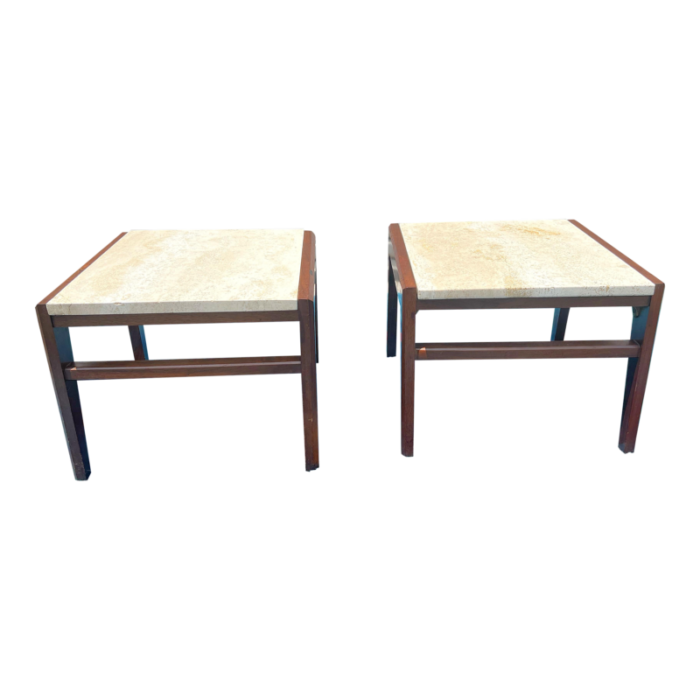 1950s jens risom attributed mid century modern travertine and walnut side tables 2434